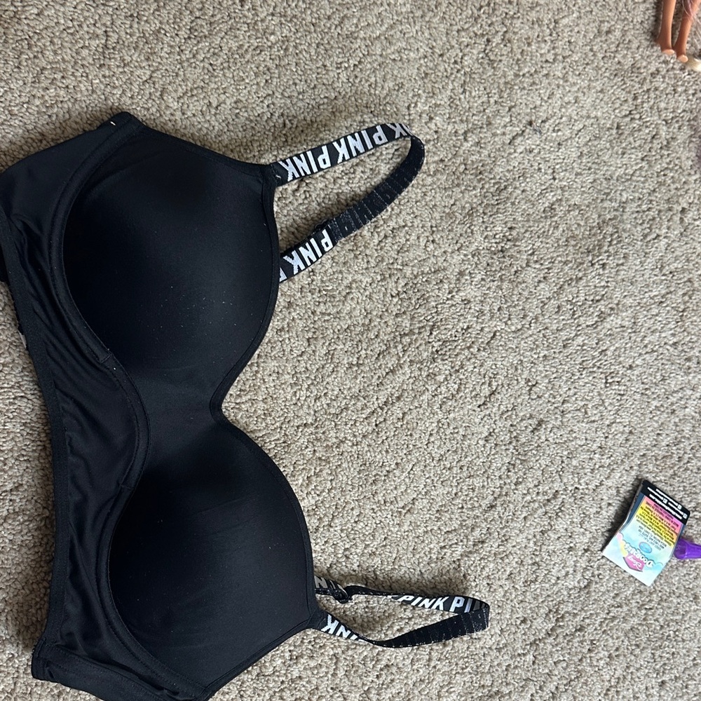 PINK Victoria's Secret Black Smooth Molded T-Shirt Bra with Logo Straps